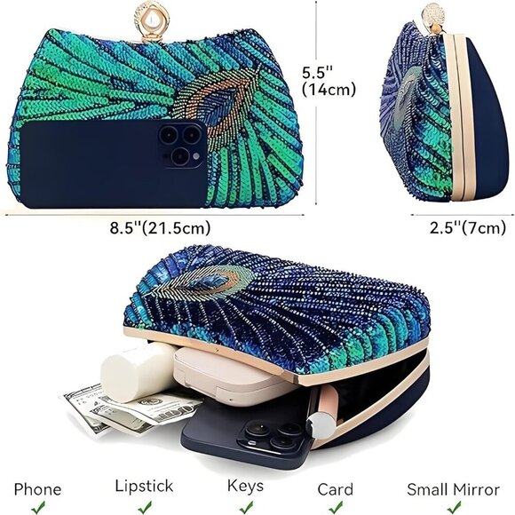 Women's Sequin Beaded Peacock Evening Clutch Purse Pearl Chain Vintage Handbag - Picture 5 of 7